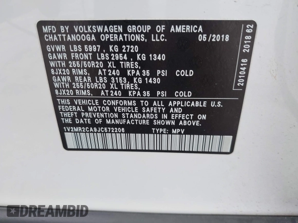2018 Volkswagen Atlas SEL with VIN 1V2MR2CA9JC572206, listed as a IAAI auction lot 41995114 with 64,324 mi miles and . Bid and sale history available at DreamBid. Image 9.