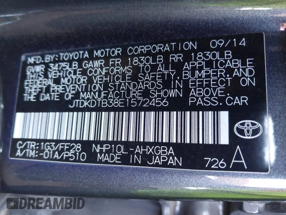 2014 Toyota Prius One with VIN JTDKDTB38E1572456, listed as a IAAI auction lot 41975766 with 88,075 mi miles and . Bid and sale history available at DreamBid. Image 9.