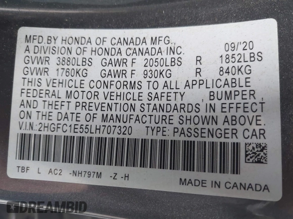 2020 Honda Civic Si with VIN 2HGFC1E55LH707320, listed as a IAAI auction lot 41569008 with 65,441 mi miles and . Bid and sale history available at DreamBid. Image 9.