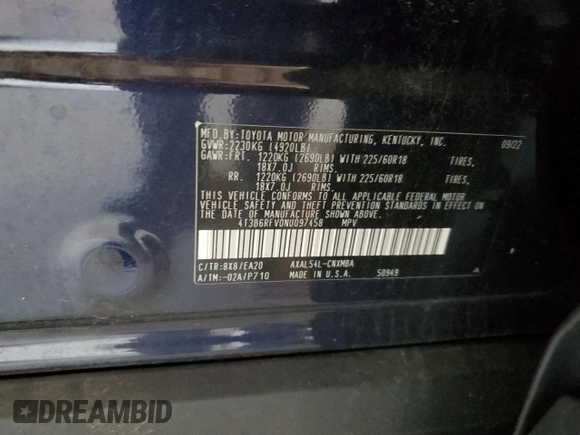 2022 Toyota RAV4 Hybrid XLE Premium with VIN 4T3B6RFV0NU097458, listed as a Copart auction lot 59433035 with 39,742 mi miles and Salvage title. Bid and sale history available at DreamBid. Image 13.