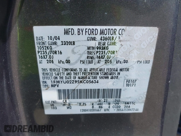 2005 Ford Escape XLS Value with VIN 1FMYU02Z95KC05634, listed as a IAAI auction lot 41888882 with 213,098 mi miles. Bid and sale history available at carsss.com. Image 9.