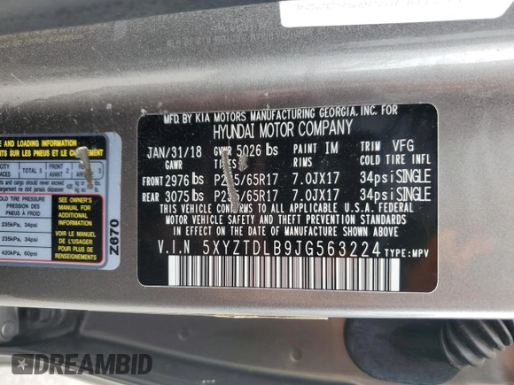 2018 Hyundai Santa Fe 2.4L with VIN 5XYZTDLB9JG563224, listed as a Copart auction lot 58470265 with 133,844 mi miles and Salvage title. Bid and sale history available at DreamBid. Image 12.