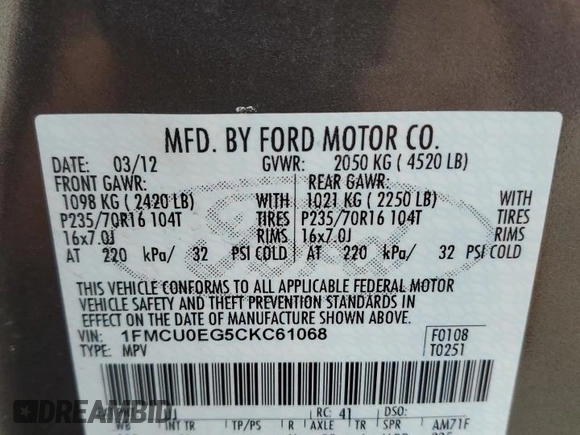 2012 Ford Escape Limited with VIN 1FMCU0EG5CKC61068, listed as a Copart auction lot 85357414 with Not Provided miles and Salvage Title. Bid and sale history available at DreamBid. Image 13.