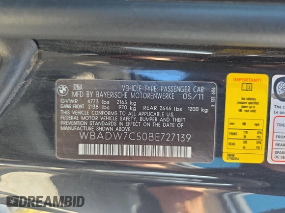 2011 BMW 3 Series 328i with VIN WBADW7C50BE727139, listed as a Copart auction lot 62877365 with 124,768 mi miles and Clean title. Bid and sale history available at DreamBid. Image 10.