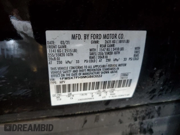 2021 Ford Explorer Limited with VIN 1FMSK7FH9MGB63022, listed as a Copart auction lot 49148585 with 70,069 mi miles and Salvage Title. Bid and sale history available at carsss.com. Image 13.