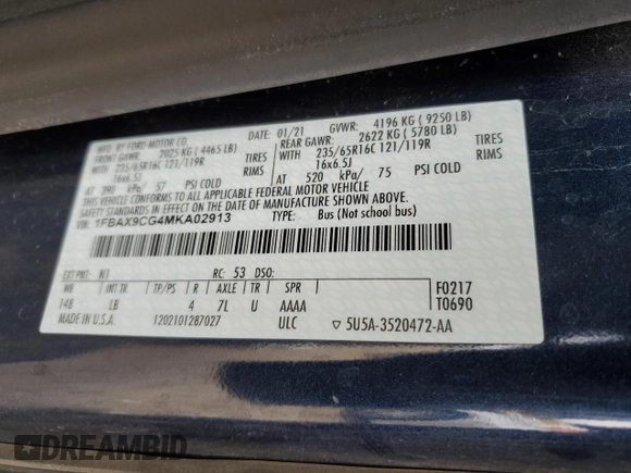 2021 Ford Transit with VIN 1FBAX9CG4MKA02913, listed as a Copart auction lot 86666774 with 29,881 mi miles and Salvage Title. Bid and sale history available at DreamBid. Image 13.