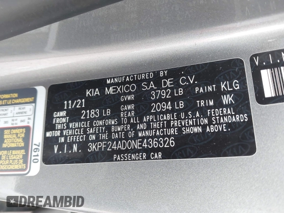 2022 Kia Forte LXS z VIN 3KPF24AD0NE436326, wystawiony jako IAAI lot #41478575 z przebiegiem 72 630 mil mil oraz . Historia ofert i sprzedaży dostępna na DreamBid. Obrazek 9.