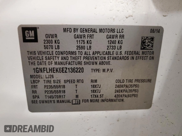 2014 Chevrolet Equinox LTZ with VIN 1GNFLHEK6EZ136220, listed as a Copart auction lot 49834925 with 171,854 mi miles and Non Repairable. Bid and sale history available at carsss.com. Image 13.