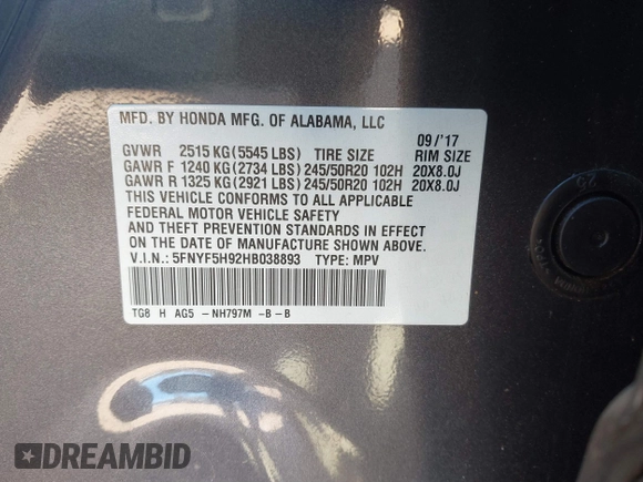 2017 Honda Pilot Touring with VIN 5FNYF5H92HB038893, listed as a IAAI auction lot 41639555 with 100,354 mi miles. Bid and sale history available at carsss.com. Image 9.