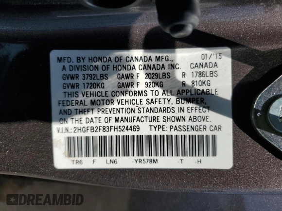 2015 Honda Civic EX z VIN 2HGFB2F83FH524469, wystawiony jako Copart lot #56207075 z przebiegiem 85 678 mil mil oraz Szkoda całkowita • Salvage title. Historia ofert i sprzedaży dostępna na DreamBid. Obrazek 12.