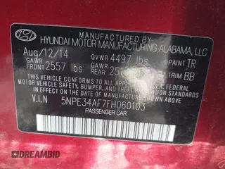 2015 Hyundai Sonata Limited with VIN 5NPE34AF7FH060103, listed as a IAAI auction lot 42096524 with 119,497 mi miles and . Bid and sale history available at carsss.com. Image 9.