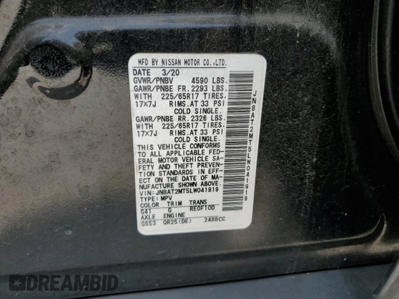 2020 Nissan Rogue SV z VIN JN8AT2MT5LW041919, wystawiony jako Copart lot #59590795 z przebiegiem 57 174 mil mil oraz Szkoda całkowita • Salvage title. Historia ofert i sprzedaży dostępna na DreamBid. Obrazek 13.