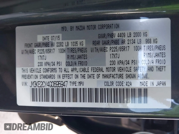 2016 Mazda CX-5 Touring with VIN JM3KE2CY4G0695947, listed as a IAAI auction lot 41824490 with 162,191 mi miles and . Bid and sale history available at carsss.com. Image 9.