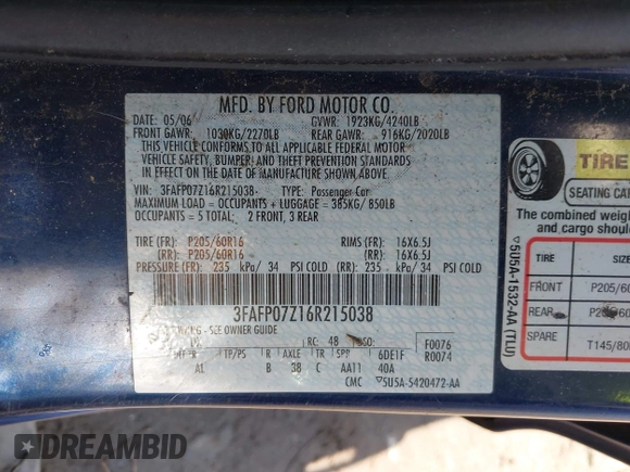2006 Ford Fusion SE with VIN 3FAFP07Z16R215038, listed as a IAAI auction lot 41937504 with 92,833 mi miles and . Bid and sale history available at DreamBid. Image 9.