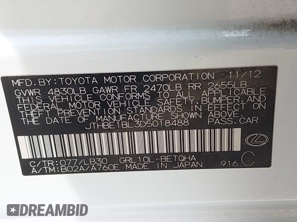 2013 Lexus GS 350 z VIN JTHBE1BL3D5018488, wystawiony jako IAAI lot #42278417 z przebiegiem 121 761 mil mil oraz . Historia ofert i sprzedaży dostępna na DreamBid. Obrazek 9.