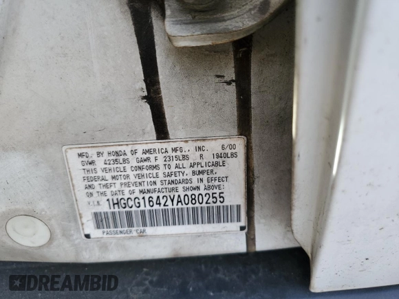2000 Honda Accord LX z VIN 1HGCG1642YA080255, wystawiony jako Copart lot #53636855 z przebiegiem 146 478 mil mil oraz Szkoda całkowita • Salvage title. Historia ofert i sprzedaży dostępna na DreamBid. Obrazek 12.