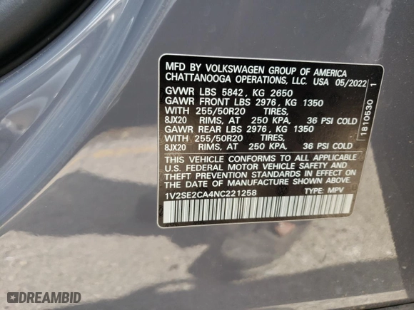 2022 Volkswagen Atlas Cross Sport 3.6L V6 SEL R-Line with VIN 1V2SE2CA4NC221258, listed as a Copart auction lot 57300014 with 59,416 mi miles and Salvage Title. Bid and sale history available at carsss.com. Image 13.