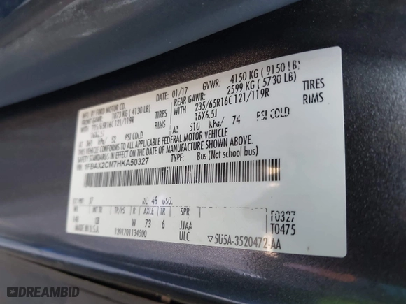 2017 Ford Transit Wagon XL with VIN 1FBAX2CM7HKA50327, listed as a IAAI auction lot 41266395 with 137,504 mi miles. Bid and sale history available at carsss.com. Image 9.