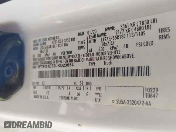 2020 Ford F-150 XL with VIN 1FTFX1E52LKD23054, listed as a IAAI auction lot 42434983 with 132,261 mi miles and . Bid and sale history available at DreamBid. Image 9.