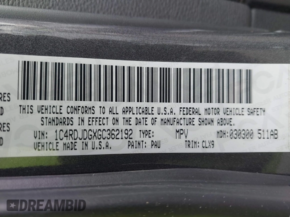 2016 Dodge Durango Limited with VIN 1C4RDJDGXGC362192, listed as a IAAI auction lot 41775172 with 113,496 mi miles and . Bid and sale history available at DreamBid. Image 9.