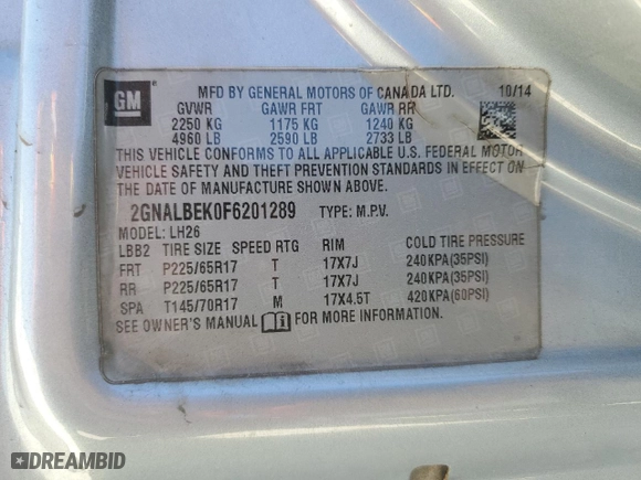 2015 Chevrolet Equinox LT with VIN 2GNALBEK0F6201289, listed as a Copart auction lot 51939835 with 143,166 mi miles and Salvage Title. Bid and sale history available at carsss.com. Image 14.