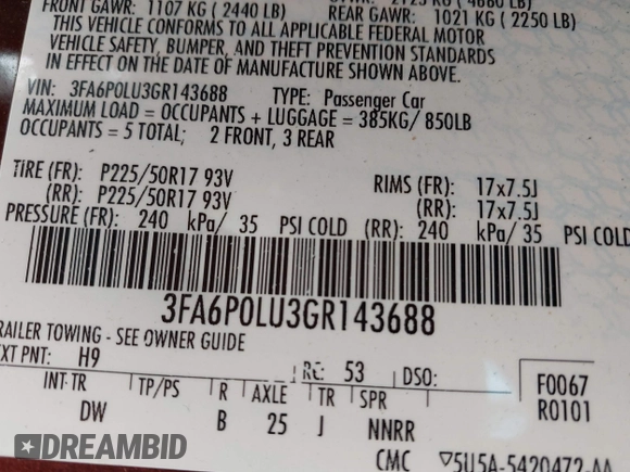 2016 Ford Fusion SE Hybrid with VIN 3FA6P0LU3GR143688, listed as a IAAI auction lot 42269789 with 163,910 mi miles and . Bid and sale history available at DreamBid. Image 9.