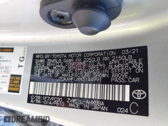 2021 Toyota Prius L Eco with VIN JTDKAMFUXM3144991, listed as a IAAI auction lot 42147025 with 106,466 mi miles and . Bid and sale history available at DreamBid. Image 9.