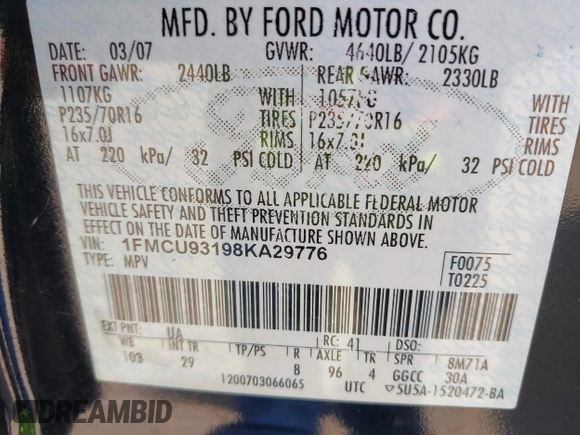 2008 Ford Escape XLT с VIN 1FMCU93198KA29776, выставлен на аукционе IAAI как лот 42385565 с пробегом 250 329 миль миль и . История ставок и продаж доступна на DreamBid. Изображение 9.