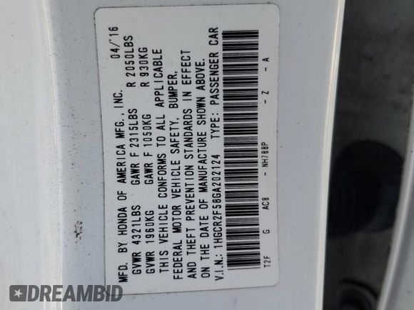 2016 Honda Accord Sport with VIN 1HGCR2F58GA202124, listed as a Copart auction lot 55291255 with 84,153 mi miles and Salvage Title. Bid and sale history available at DreamBid. Image 13.