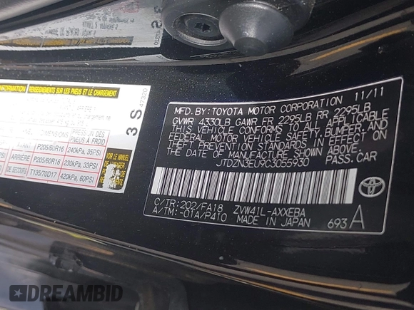 2012 Toyota Prius Two with VIN JTDZN3EU9C3055930, listed as a IAAI auction lot 42128337 with 157,139 mi miles and . Bid and sale history available at DreamBid. Image 9.