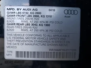 2018 Audi SQ5 Premium Plus with VIN WA1A4AFY6J2177258, listed as a Copart auction lot 37981613 with 49,805 mi miles. Bid and sale history available at carsss.com. Image 13.
