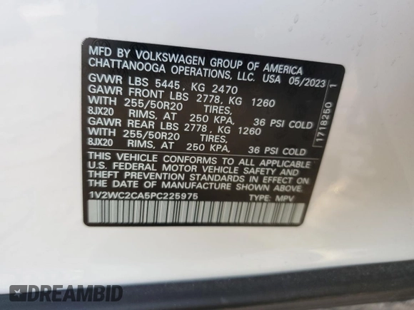 2023 Volkswagen Atlas SE with VIN 1V2WC2CA5PC225975, listed as a Copart auction lot 41335725 with 11,374 mi miles and Salvage title. Bid and sale history available at DreamBid. Image 15.
