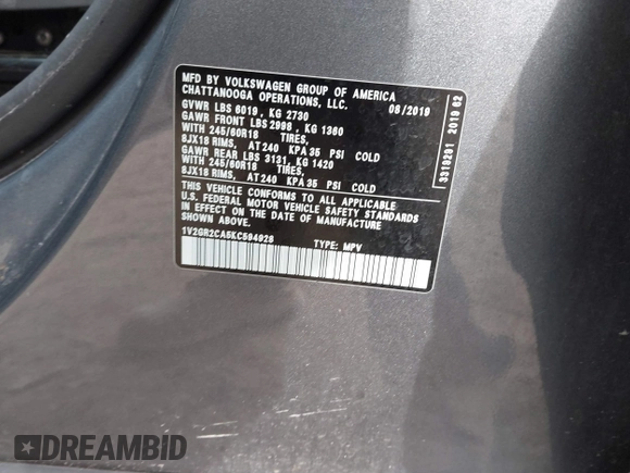 2019 Volkswagen Atlas S with VIN 1V2GR2CA5KC594928, listed as a IAAI auction lot 40852528 with 112,265 mi miles and . Bid and sale history available at DreamBid. Image 9.