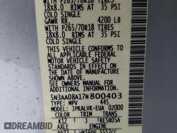2007 Infiniti QX56 with VIN 5N3AA08A17N800403, listed as a Copart auction lot 69487054 with 107,007 mi miles and Salvage Title. Bid and sale history available at carsss.com. Image 13.