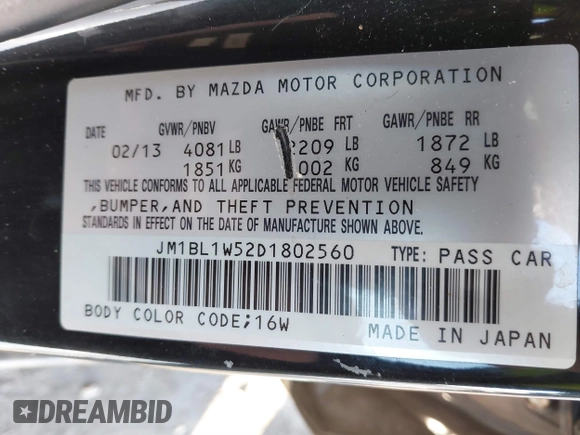 2013 Mazda 3 S Grand Touring with VIN JM1BL1W52D1802560, listed as a IAAI auction lot 41076496 with 97,126 mi miles and . Bid and sale history available at DreamBid. Image 9.