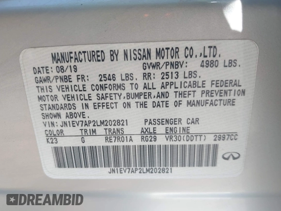 2020 Infiniti Q50 Luxe with VIN JN1EV7AP2LM202821, listed as a IAAI auction lot 41985144 with 112,024 mi miles and . Bid and sale history available at DreamBid. Image 9.
