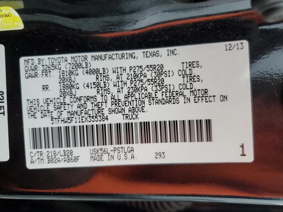 2014 Toyota Tundra 4WD Truck LTD with VIN 5TFHW5F11EX355384, listed as a Copart auction lot 80624744 with 217,428 mi miles and Salvage Title. Bid and sale history available at carsss.com. Image 12.