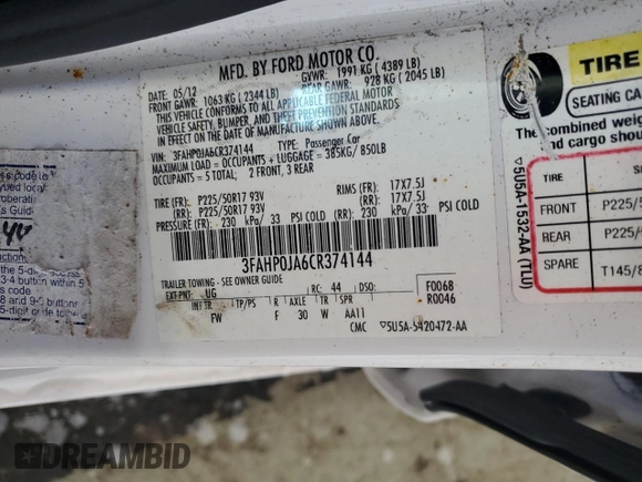 2012 Ford Fusion SEL с VIN 3FAHP0JA6CR374144, выставлен на аукционе Copart как лот 59287085 с пробегом Не указан миль и Списание • Salvage title. История ставок и продаж доступна на DreamBid. Изображение 12.