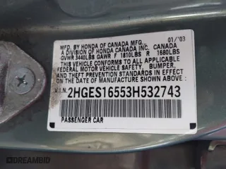 2003 Honda Civic LX with VIN 2HGES16553H532743, listed as a IAAI auction lot 41265149 with 90702 miles. Bid and sale history available at carsss.com. Image 9.