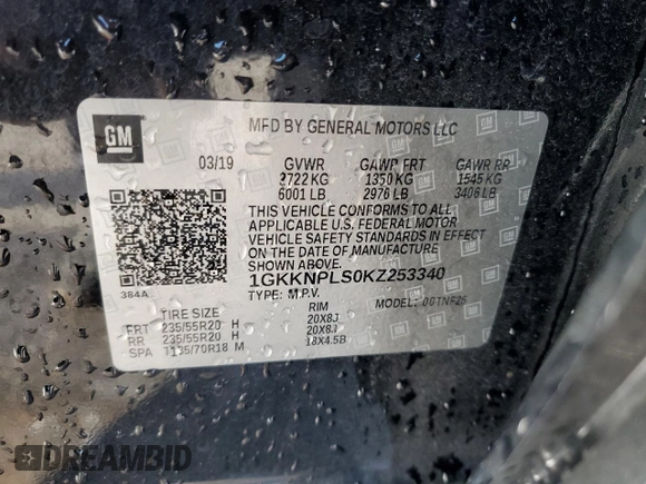 2019 GMC Acadia Denali with VIN 1GKKNPLS0KZ253340, listed as a Copart auction lot 52581185 with 70,228 mi miles and Salvage Title. Bid and sale history available at carsss.com. Image 14.