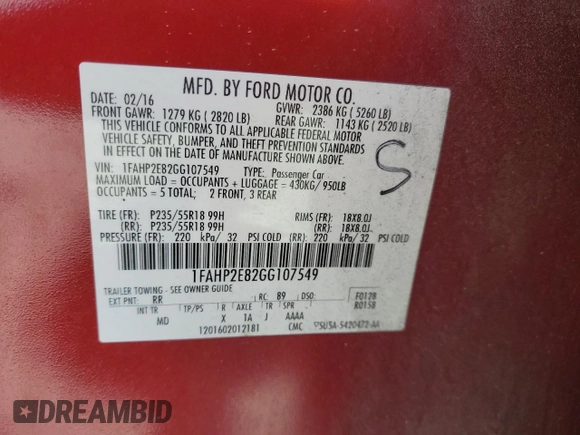 2016 Ford Taurus SEL with VIN 1FAHP2E82GG107549, listed as a Copart auction lot 48444145 with 167,886 mi miles and Clean Title. Bid and sale history available at DreamBid. Image 12.