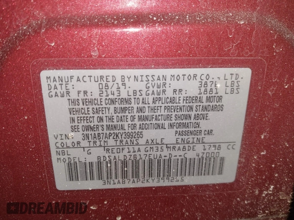2019 Nissan Sentra SV with VIN 3N1AB7AP2KY399265, listed as a IAAI auction lot 41709691 with 78,589 mi miles and . Bid and sale history available at DreamBid. Image 9.