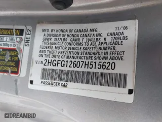 2007 Honda Civic Cpe LX with VIN 2HGFG12607H515620, listed as a IAAI auction lot 41510065 with 155,055 mi miles. Bid and sale history available at carsss.com. Image 9.