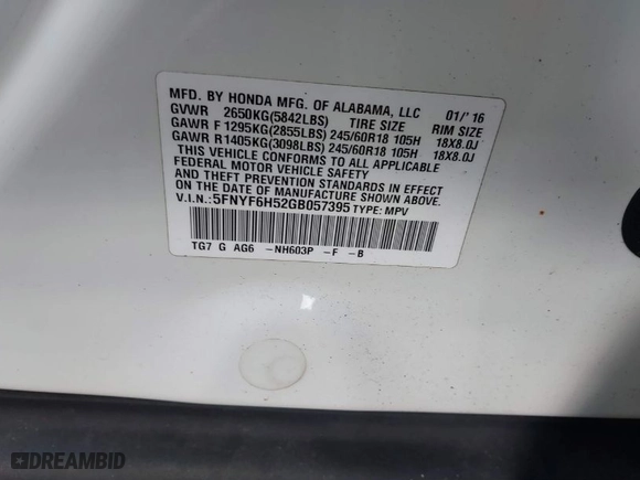 2016 Honda Pilot EX-L with VIN 5FNYF6H52GB057395, listed as a IAAI auction lot 41483056 with 121,805 mi miles. Bid and sale history available at carsss.com. Image 9.