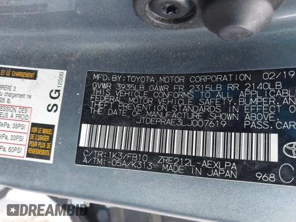 2020 Toyota Corolla LE with VIN JTDEPRAE3LJ007619, listed as a IAAI auction lot 41890730 with 43,481 mi miles. Bid and sale history available at carsss.com. Image 9.