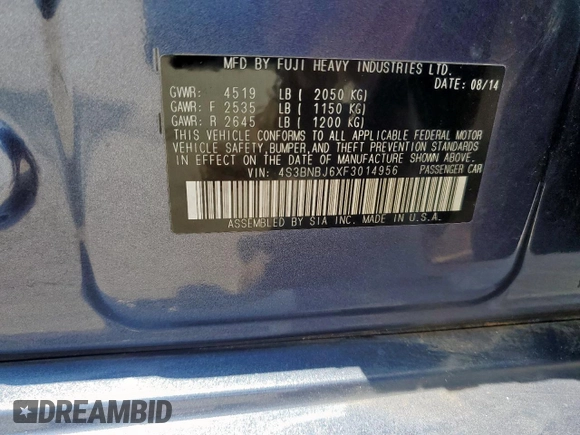 2015 Subaru Legacy Limited with VIN 4S3BNBJ6XF3014956, listed as a Copart auction lot 61014265 with 37,033 mi miles and Clean title. Bid and sale history available at DreamBid. Image 12.