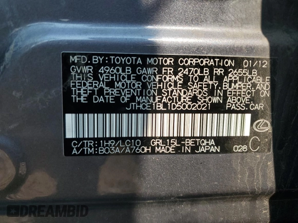 2013 Lexus GS 350 with VIN JTHCE1BL1D5002021, listed as a Copart auction lot 65732284 with 179,004 mi miles and Salvage Title. Bid and sale history available at carsss.com. Image 12.