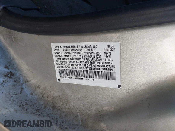 2005 Honda Odyssey EX-L with VIN 5FNRL38705B008884, listed as a IAAI auction lot 42081384 with 219,336 mi miles. Bid and sale history available at carsss.com. Image 9.