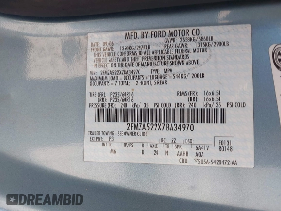 2007 Ford Freestar SEL z VIN 2FMZA522X7BA34970, wystawiony jako IAAI lot #40849269 z przebiegiem 261 928 mil mil oraz . Historia ofert i sprzedaży dostępna na DreamBid. Obrazek 9.