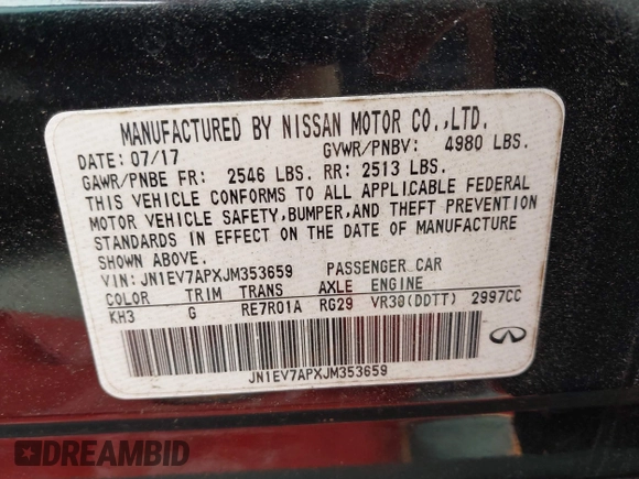 2018 Infiniti Q50 Luxe with VIN JN1EV7APXJM353659, listed as a IAAI auction lot 39289470 with 124,830 mi miles and . Bid and sale history available at DreamBid. Image 9.